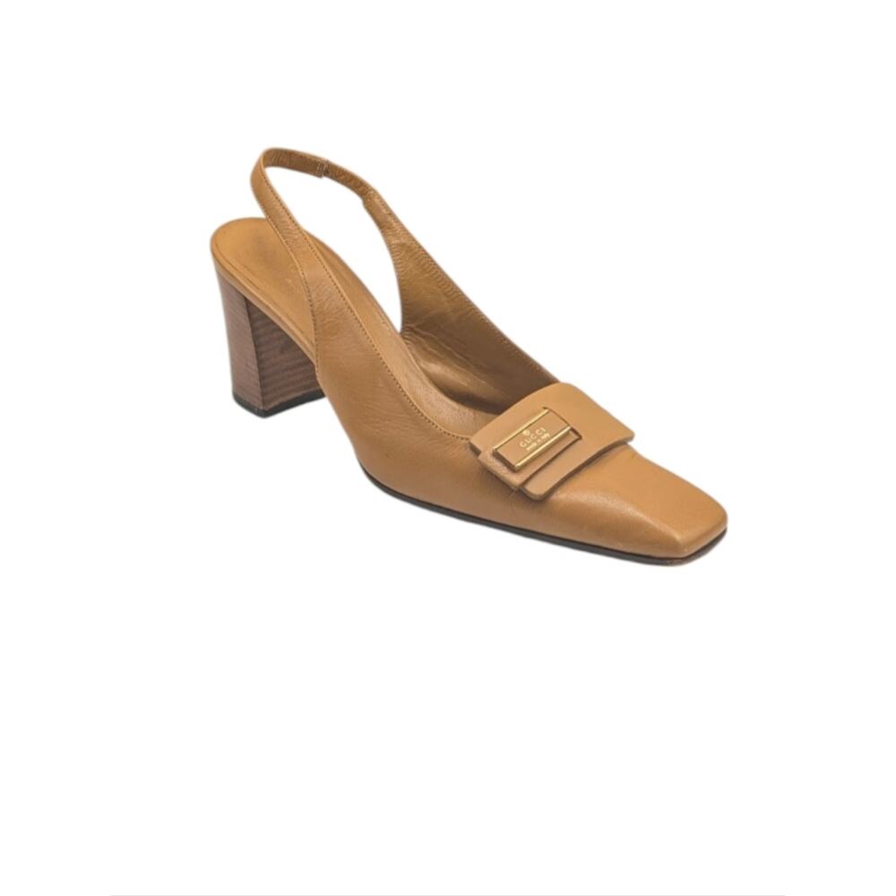 Gucci Vintage Tom Ford Era Tan Leather Slingback Heels Square Toe Italy 6B S4050 - Picture 5 of 15